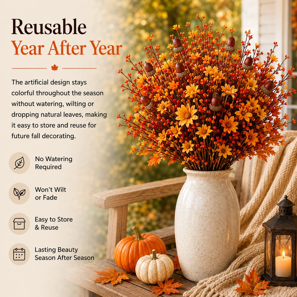 Reusable autumn acorn floral arrangement with pumpkins and lantern