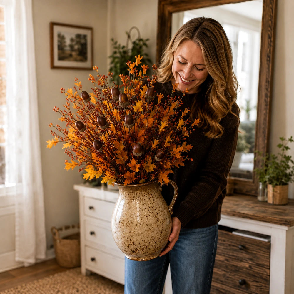 Customer holding autumn acorn arrangement indoors