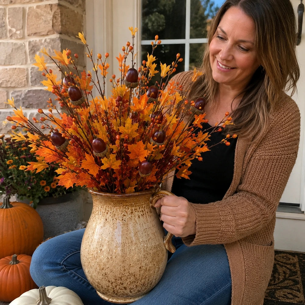 Customer holding autumn acorn arrangement outdoors