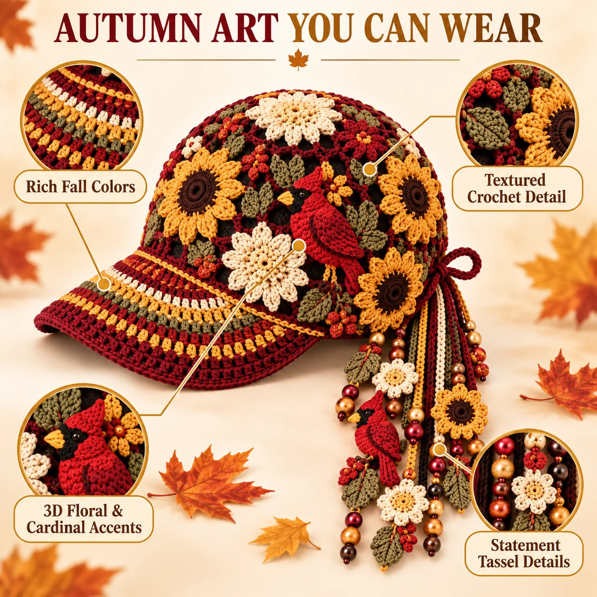 Close-up details of the Autumn Bloom crochet cap