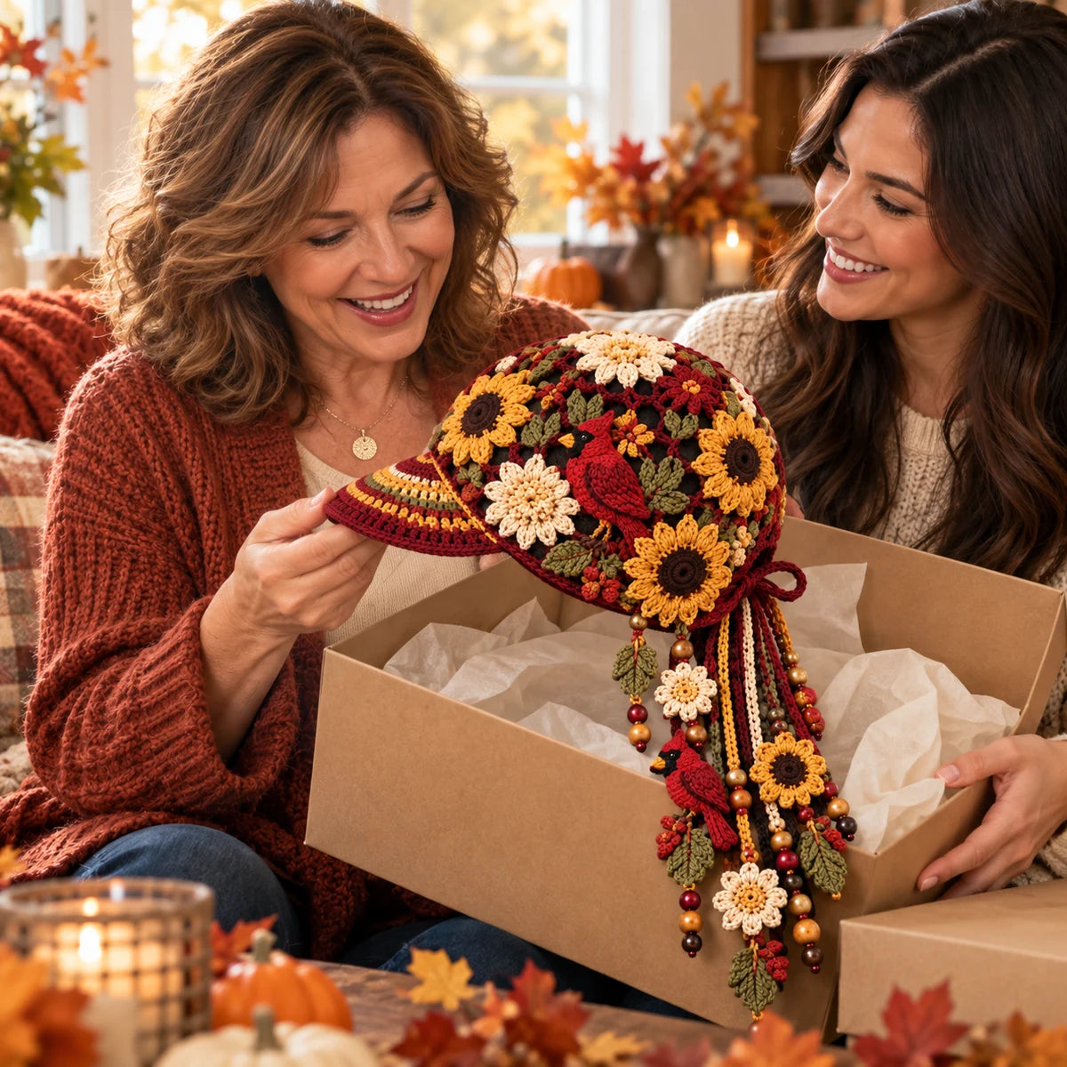 Autumn Bloom Cap presented as a gift in a cozy fall home