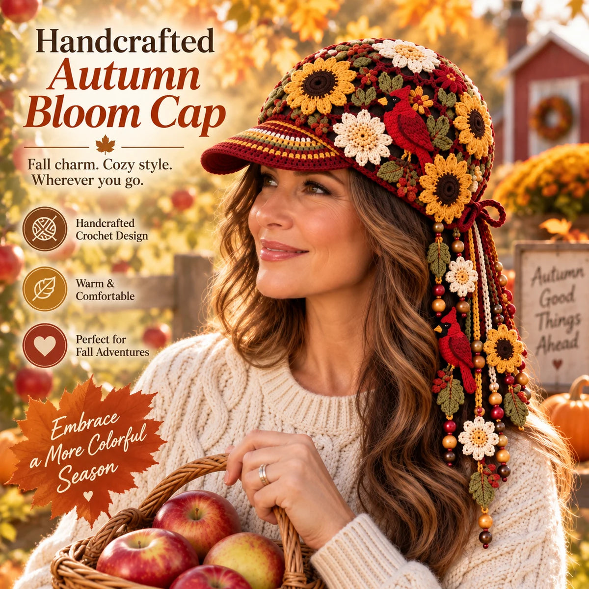 Handcrafted Autumn Bloom Cap worn outdoors in a fall setting