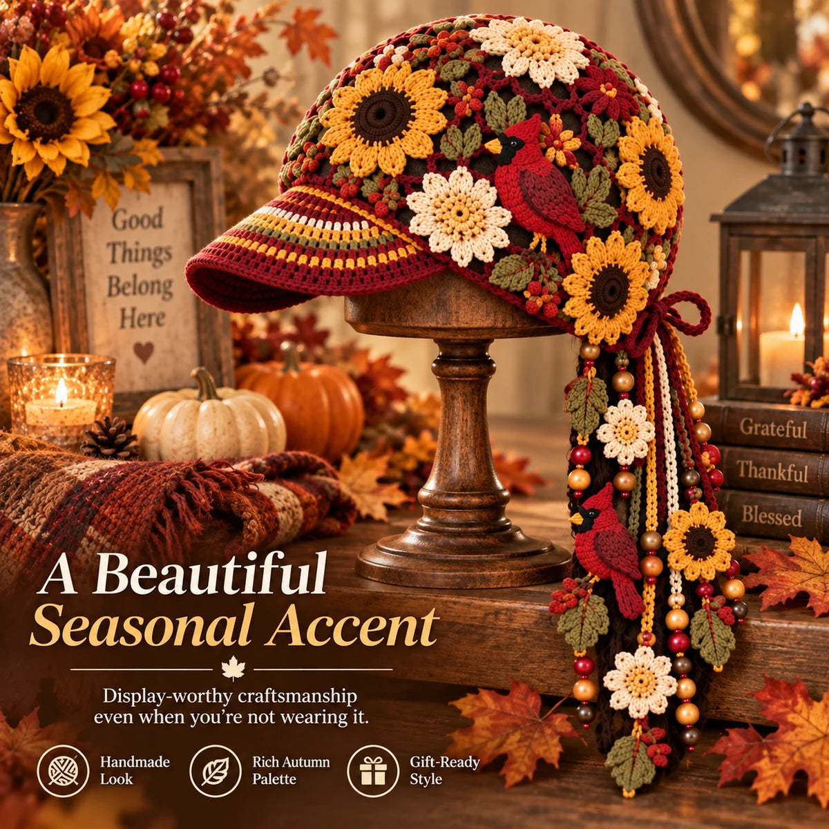 Autumn Bloom Cap displayed as seasonal home décor