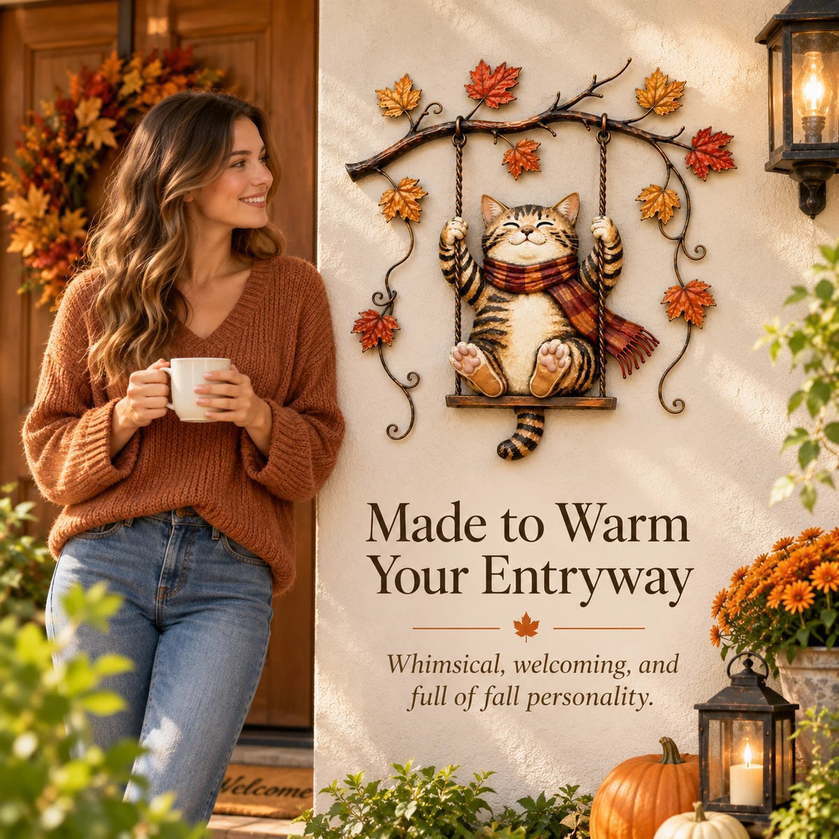 Autumn cat swing metal wall decor on a porch beside a woman