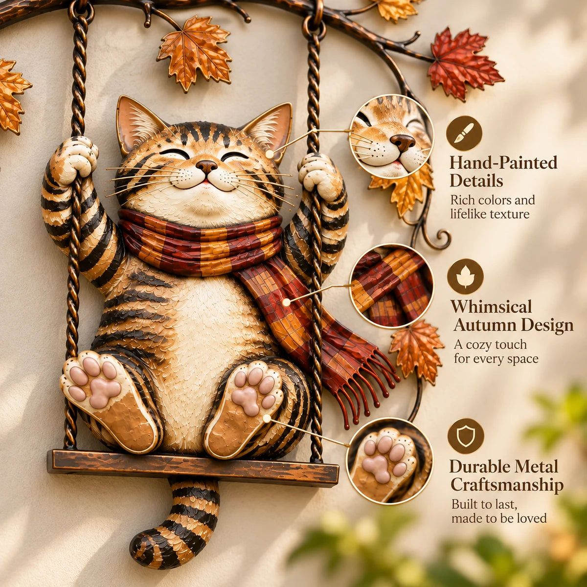 Close detail view of autumn cat swing wall decor
