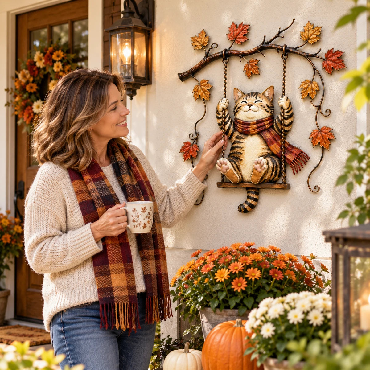 Woman enjoying autumn cat wall decor on porch
