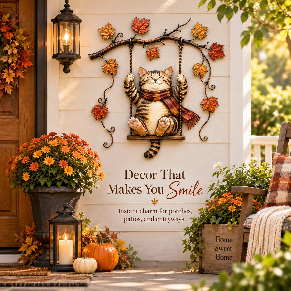 Autumn cat swing wall decor beside lanterns and pumpkins