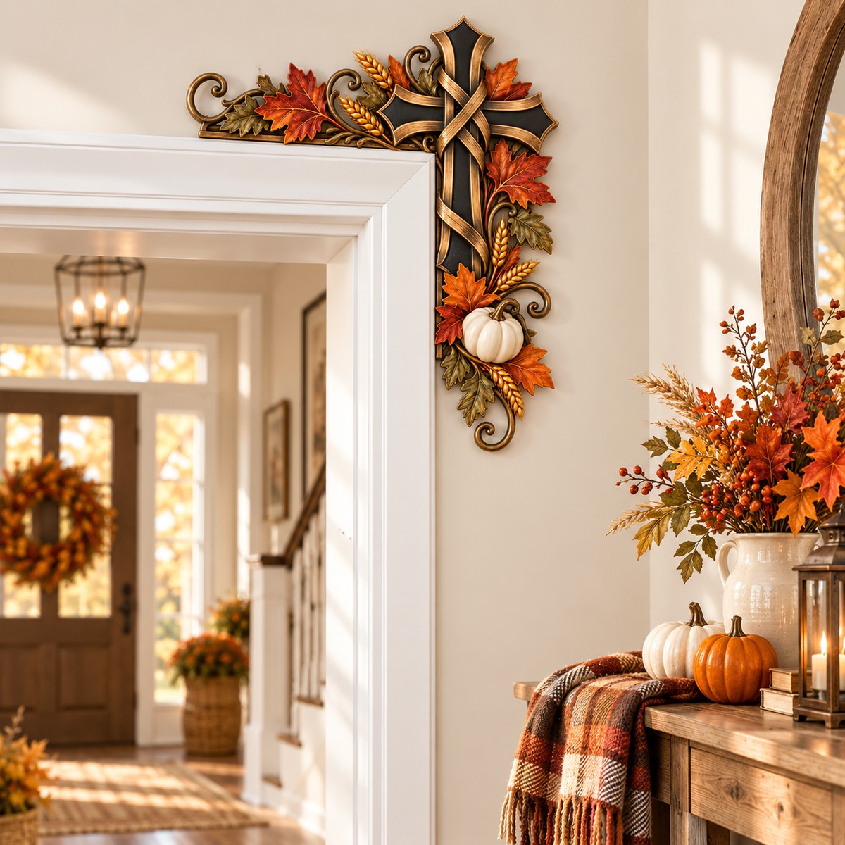 Autumn cross doorframe decor styled in a warm fall entryway