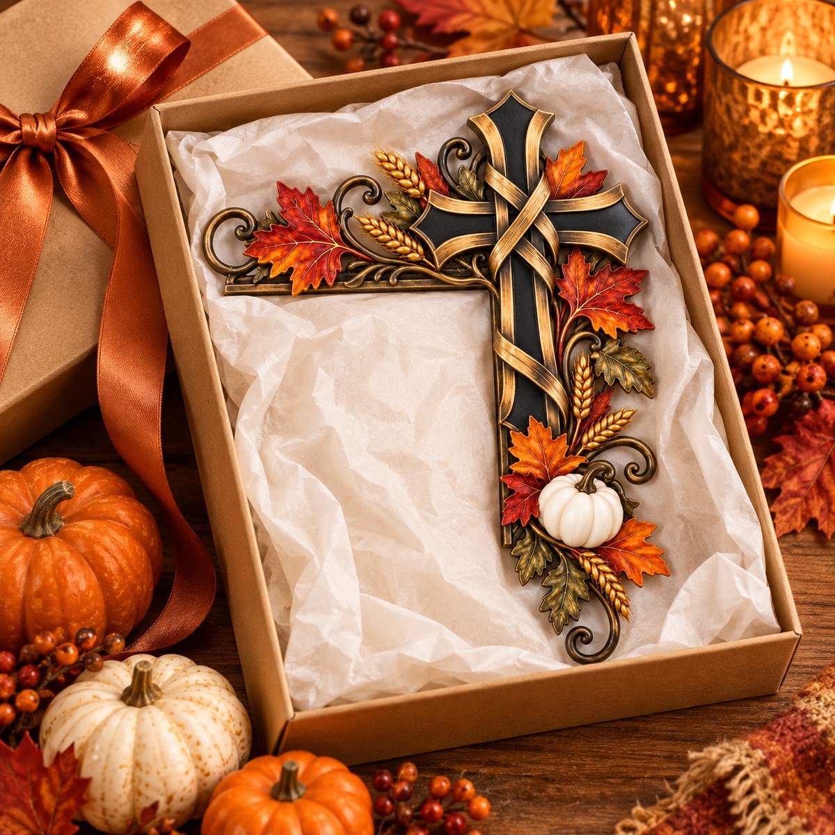 Autumn cross accent presented in a seasonal gift box