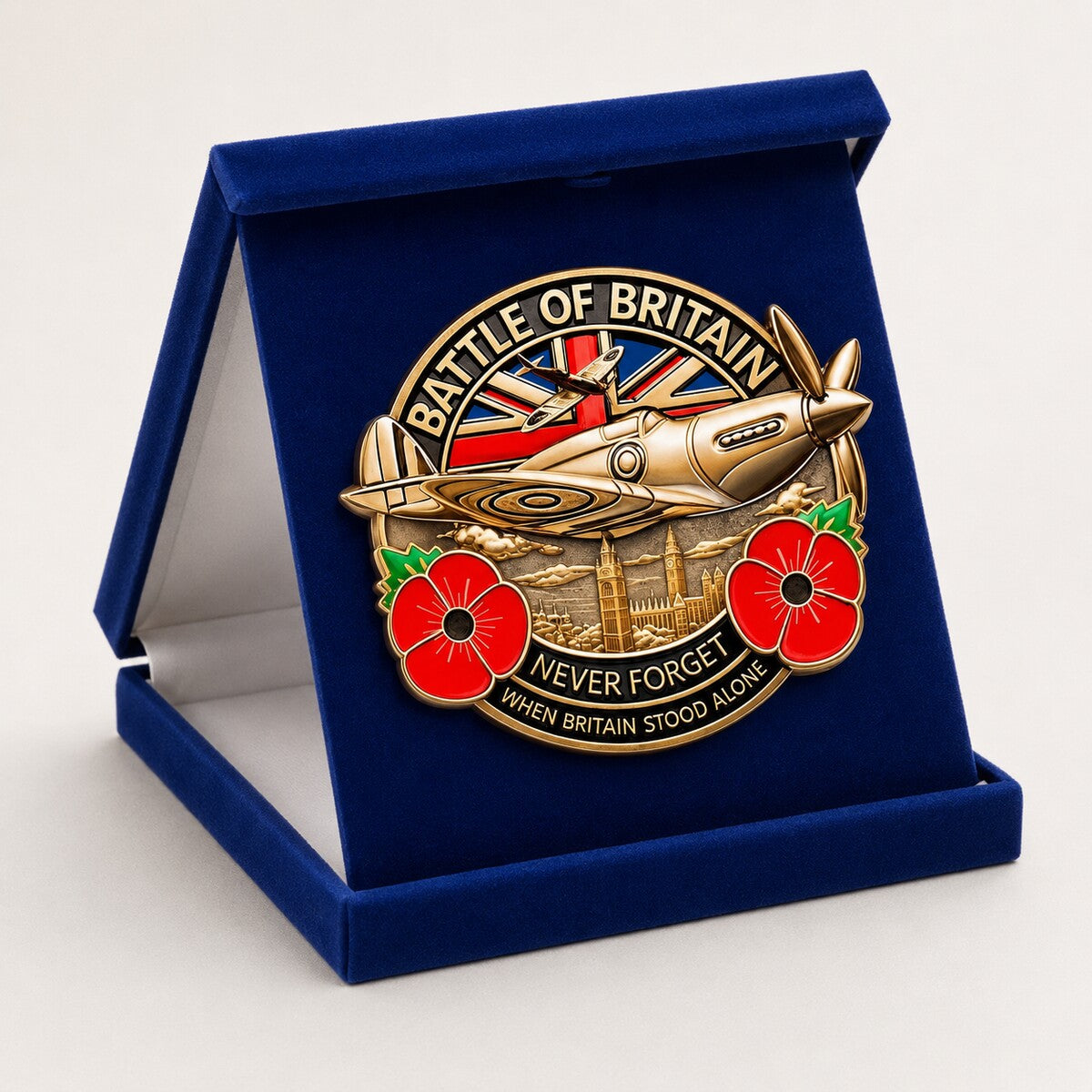 Aviation remembrance emblem standing upright in its blue display case