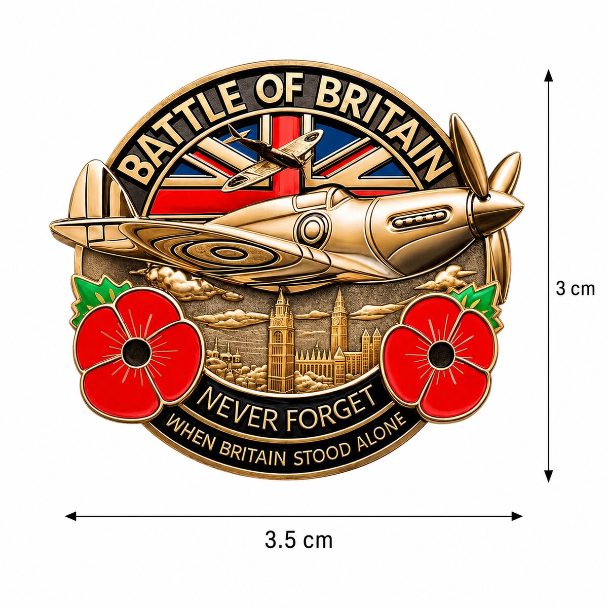Size guide showing the aviation emblem is approximately 3.5 by 3 centimeters