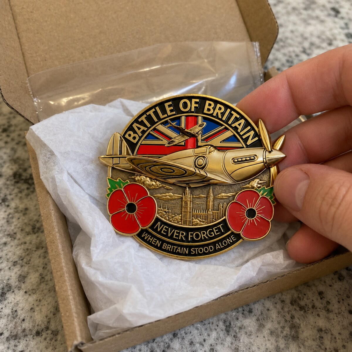 Customer opening the aviation remembrance emblem package