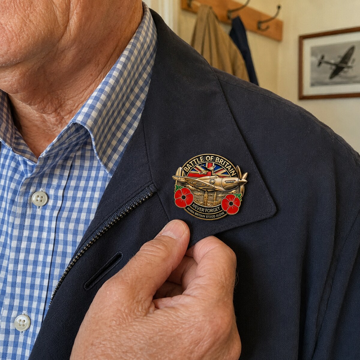 Older gentleman wearing the aviation remembrance emblem on his jacket