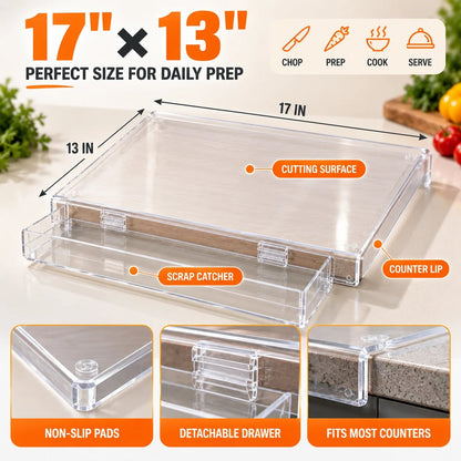 📍 50% OFF🔪 Acrylic Cutting Board✨ Built-In Waste Container & Counter Lip