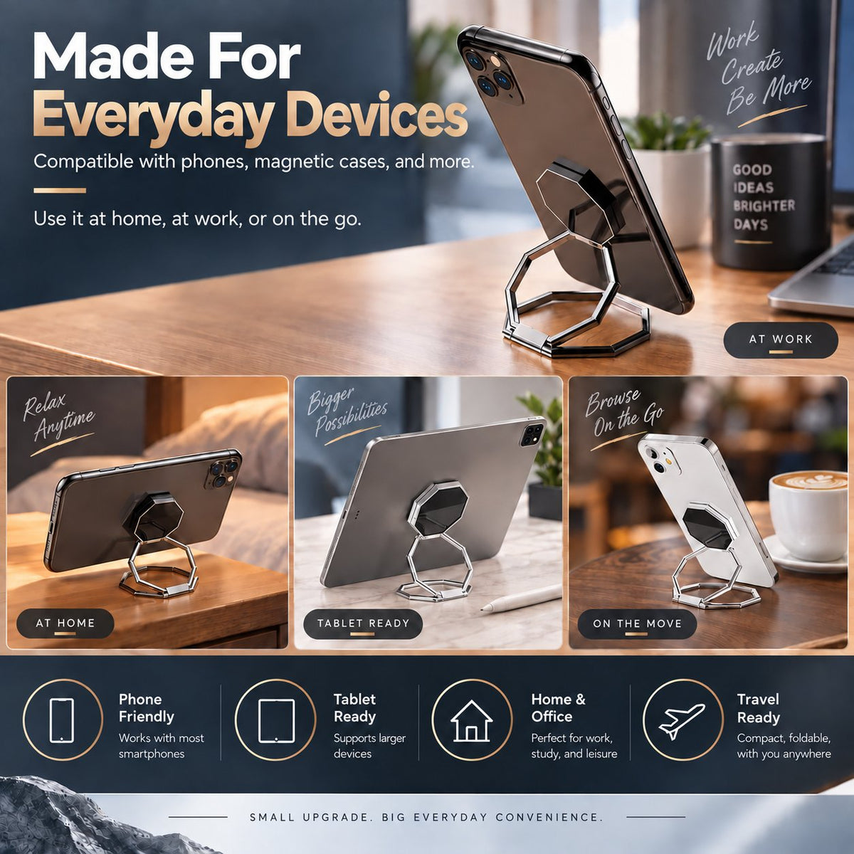 Octagonal Foldable Metal Phone Ring Stand | Magnetic Car Mount Compatible