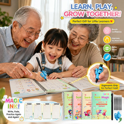 📚 Reusable Kids Handwriting Practice Set – 4 Learning Books with Magic Tracing Pen ✏️✨
