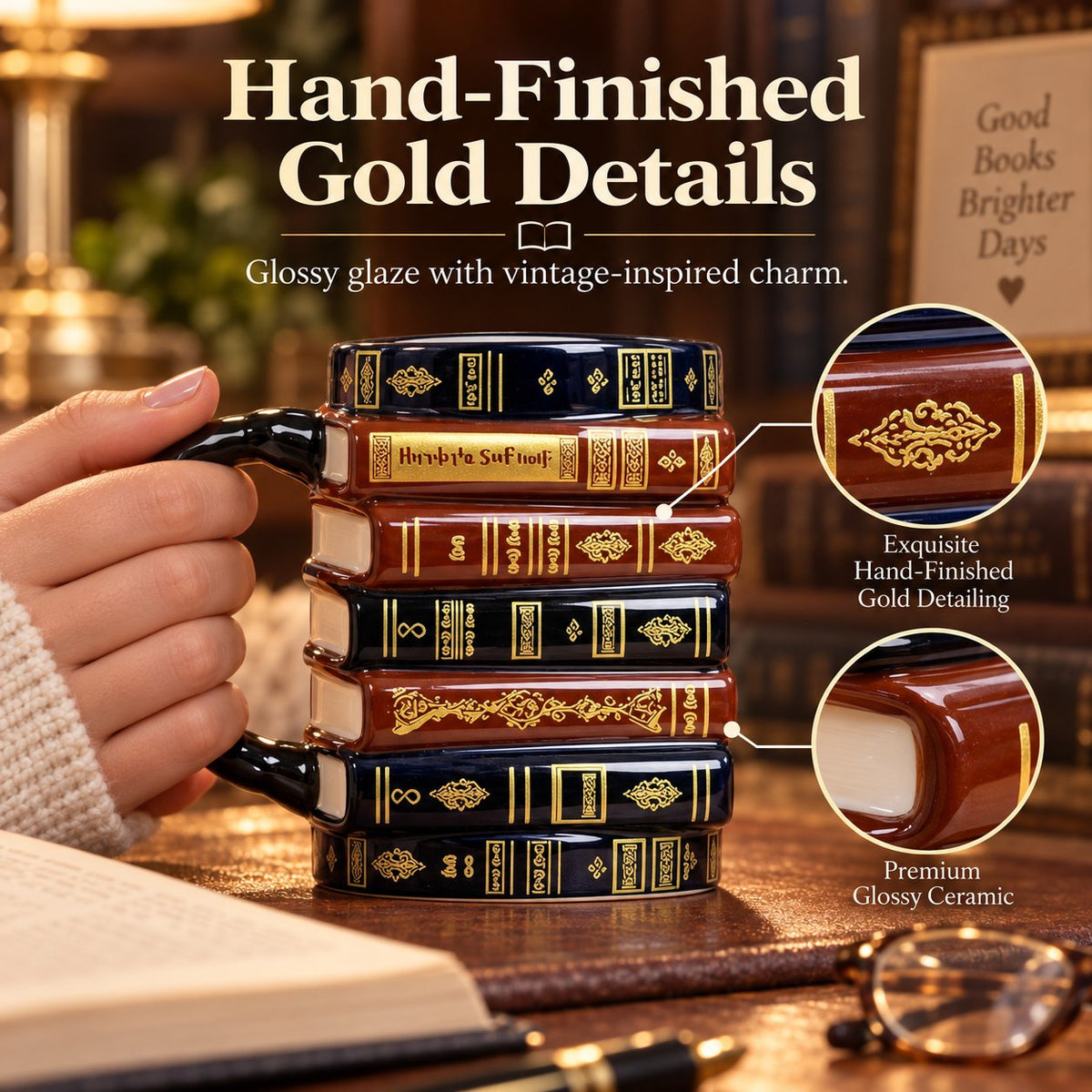 3D Stacked Vintage Book Mug: Cozy Library Style Coffee Cup for Book Lovers, Reading Nook & Home Desk