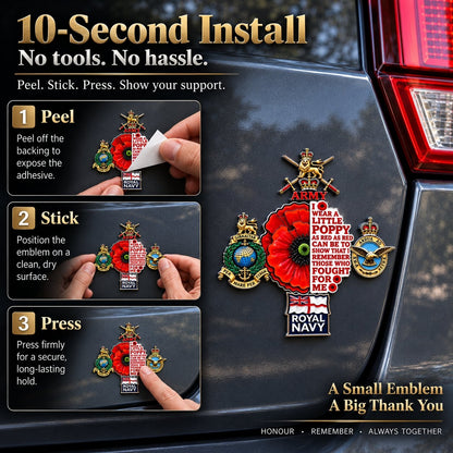 🌺 British Armed Forces “Lest We Forget” Remembrance Poppy Tribute Metal Car Emblem | 7–8-Inch 3D Metal Design with Raised Military-Inspired Details & Heavy-Duty Adhesive Backing 🇬🇧