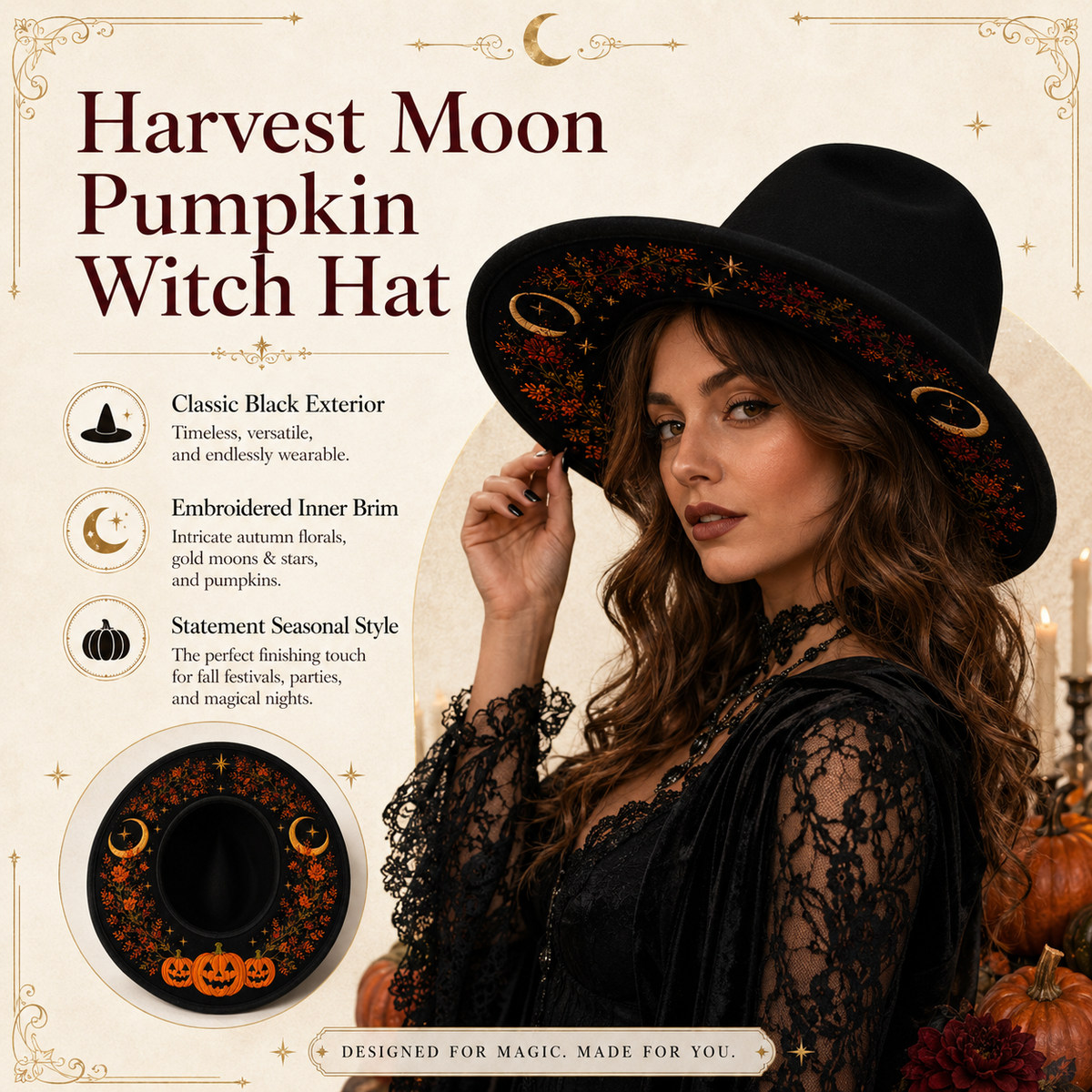 🖤 Gothic Embroidered Wide Brim Fedora Hat 🌙