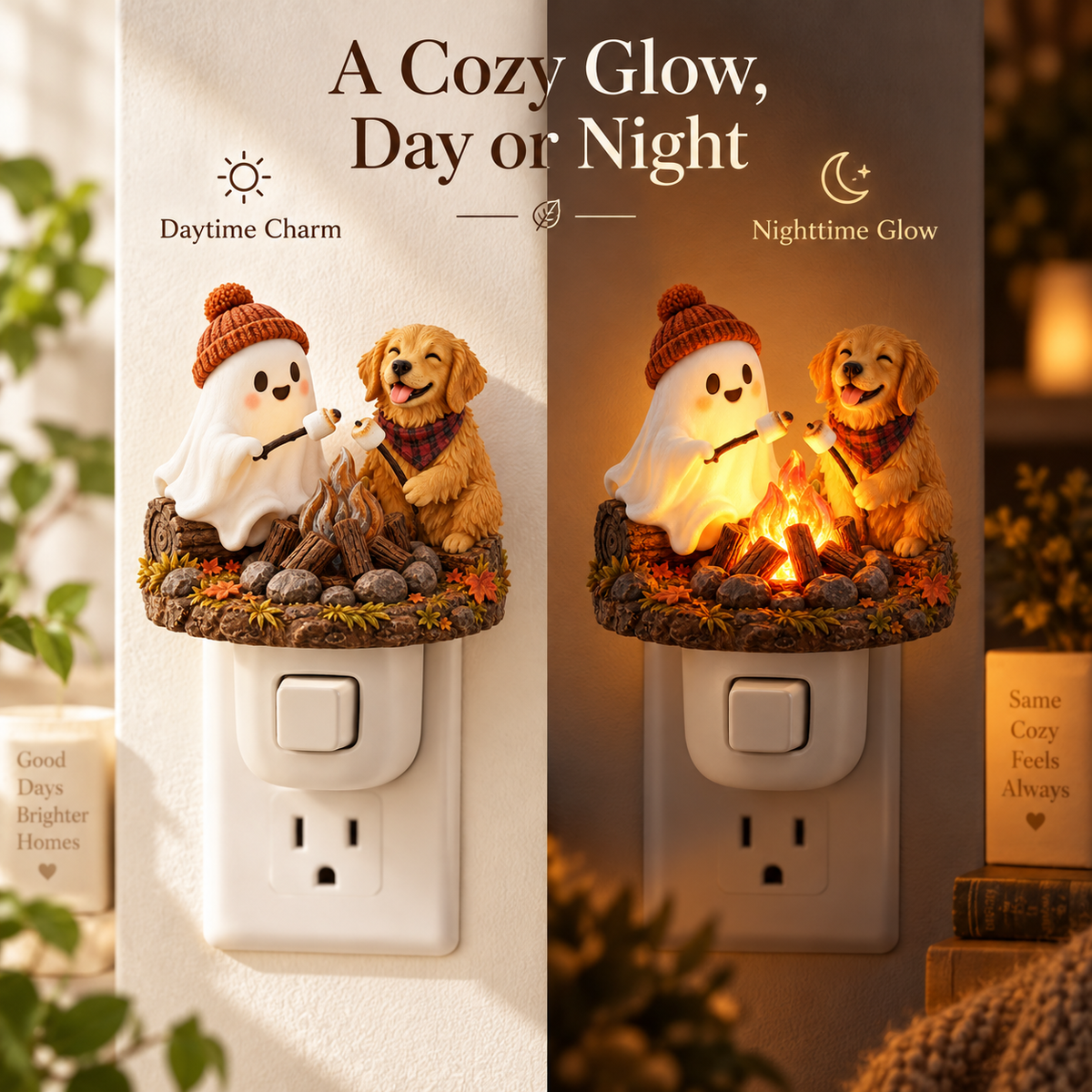 Campfire Companions night light shown in day and night lighting