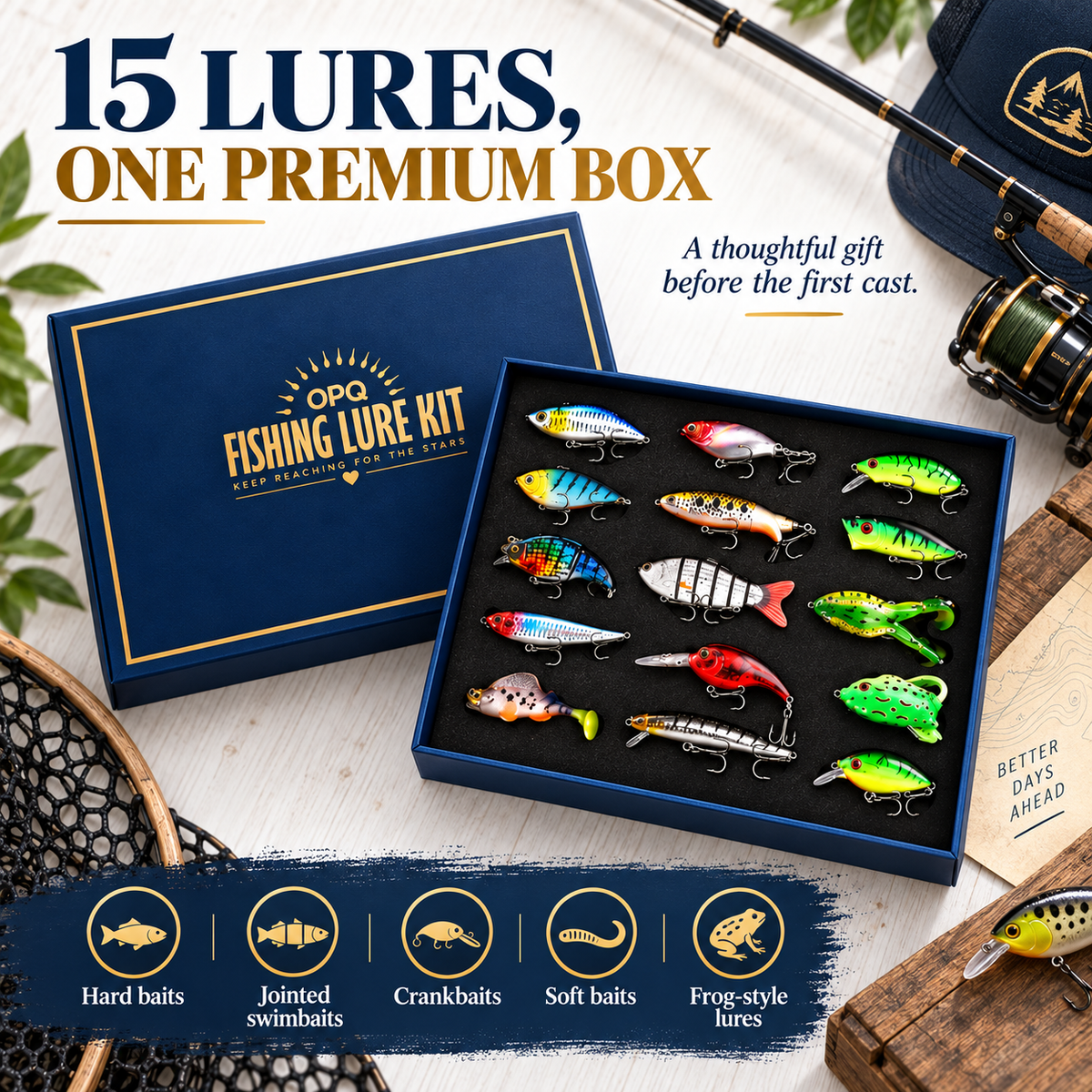 Open gift box showing fifteen assorted fishing lures