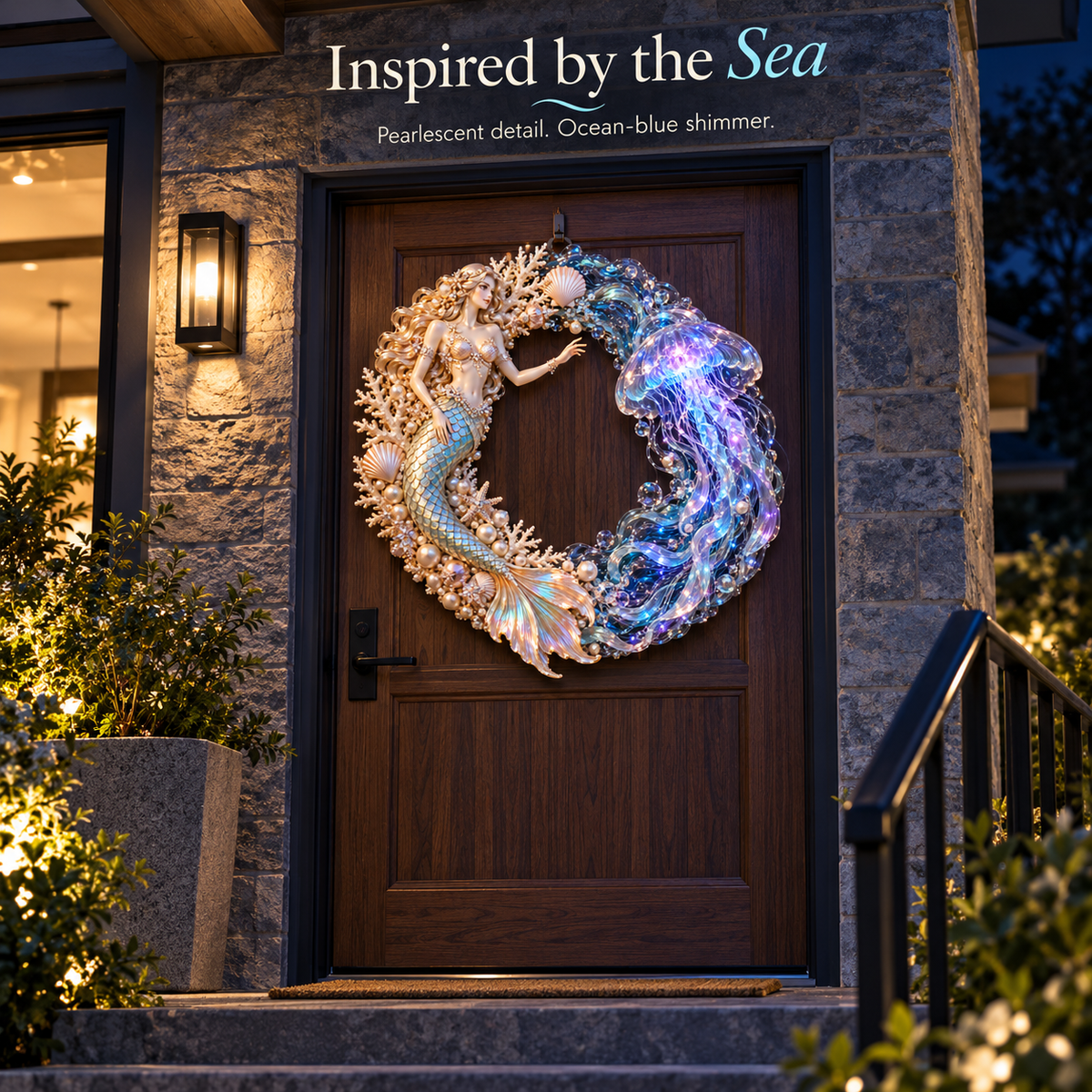 Illuminated mermaid and jellyfish door wreath on a navy entrance door