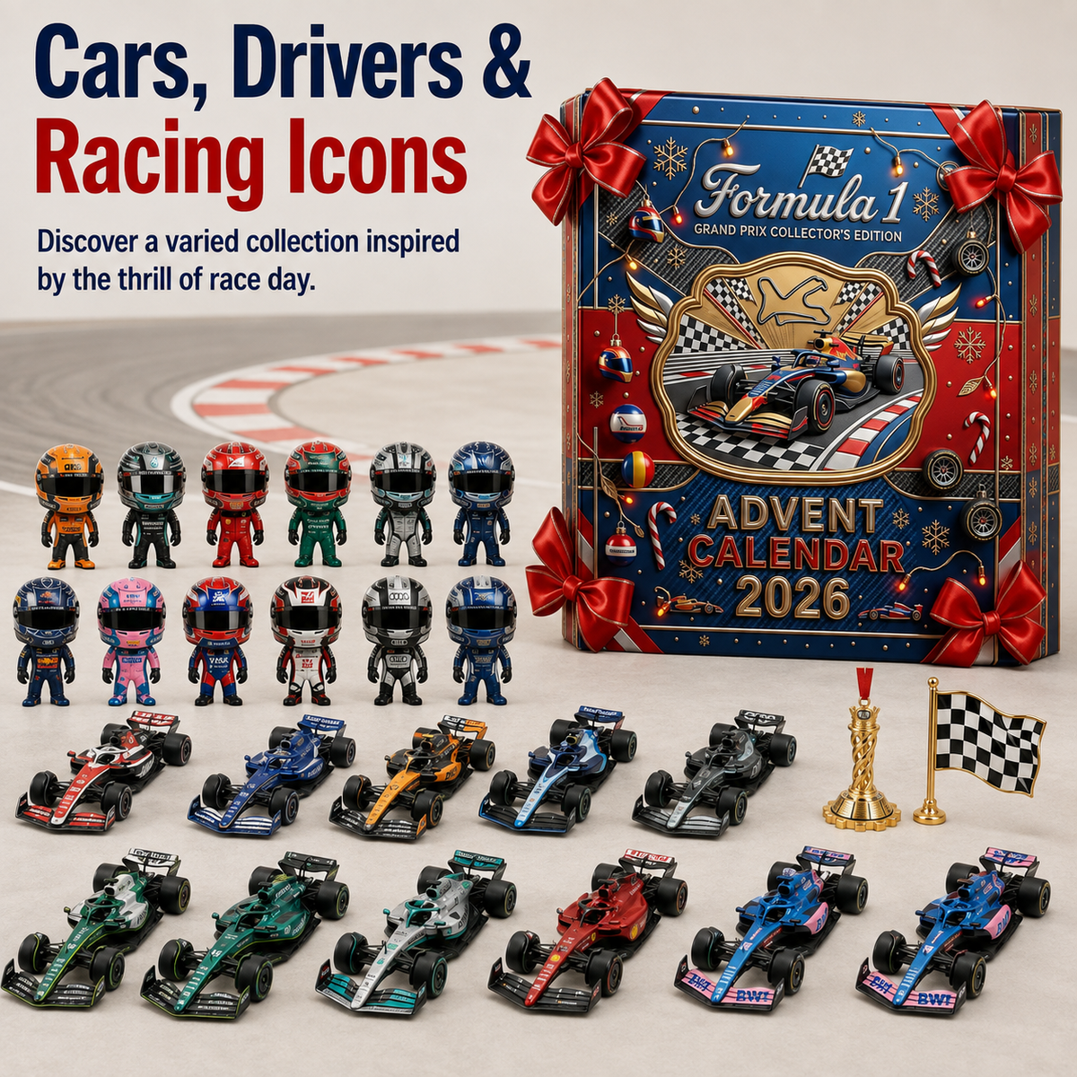 Miniature race cars drivers trophy and racing flag collection