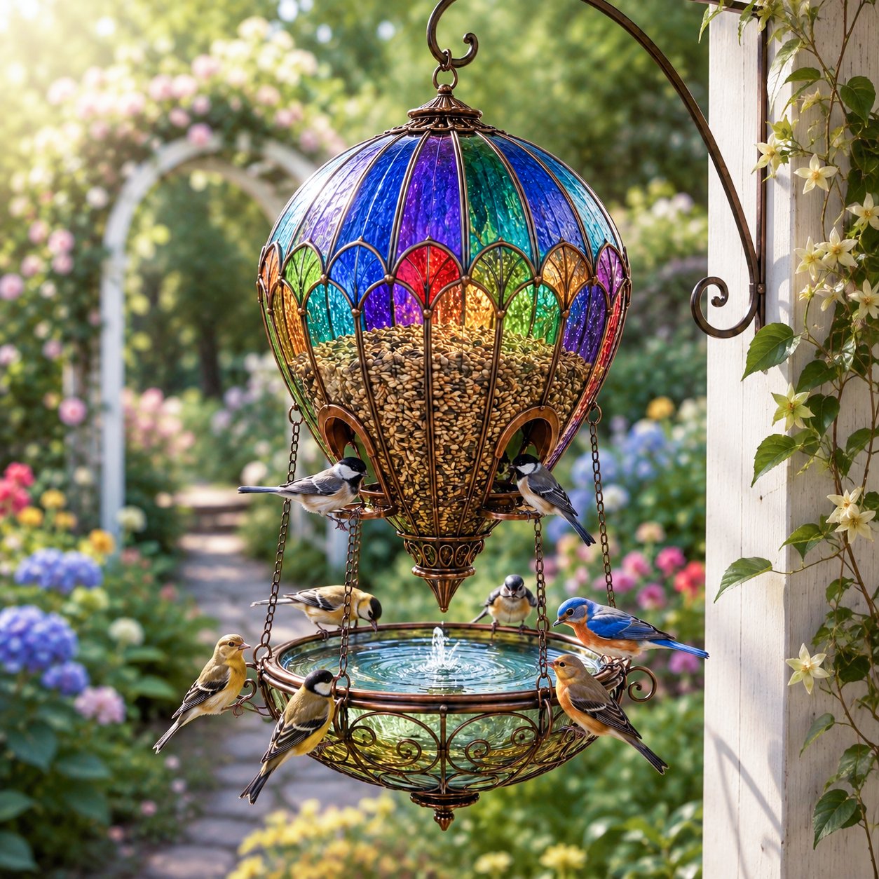 Colorful hanging bird garden decoration near porch