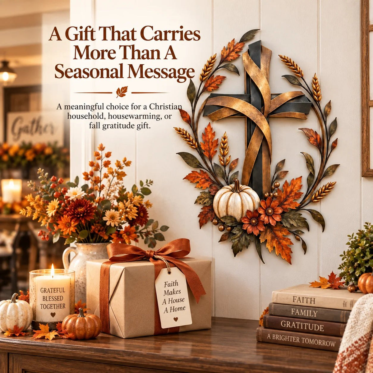🍂 Autumn Harvest Cross Metal Wall Decor With White Pumpkin