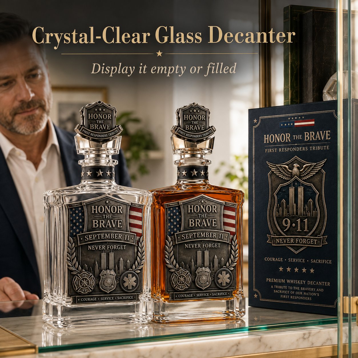 Honor the Brave Relief Decanter & Emblem – Hero Commemorative Ornament for Home Bar Display
