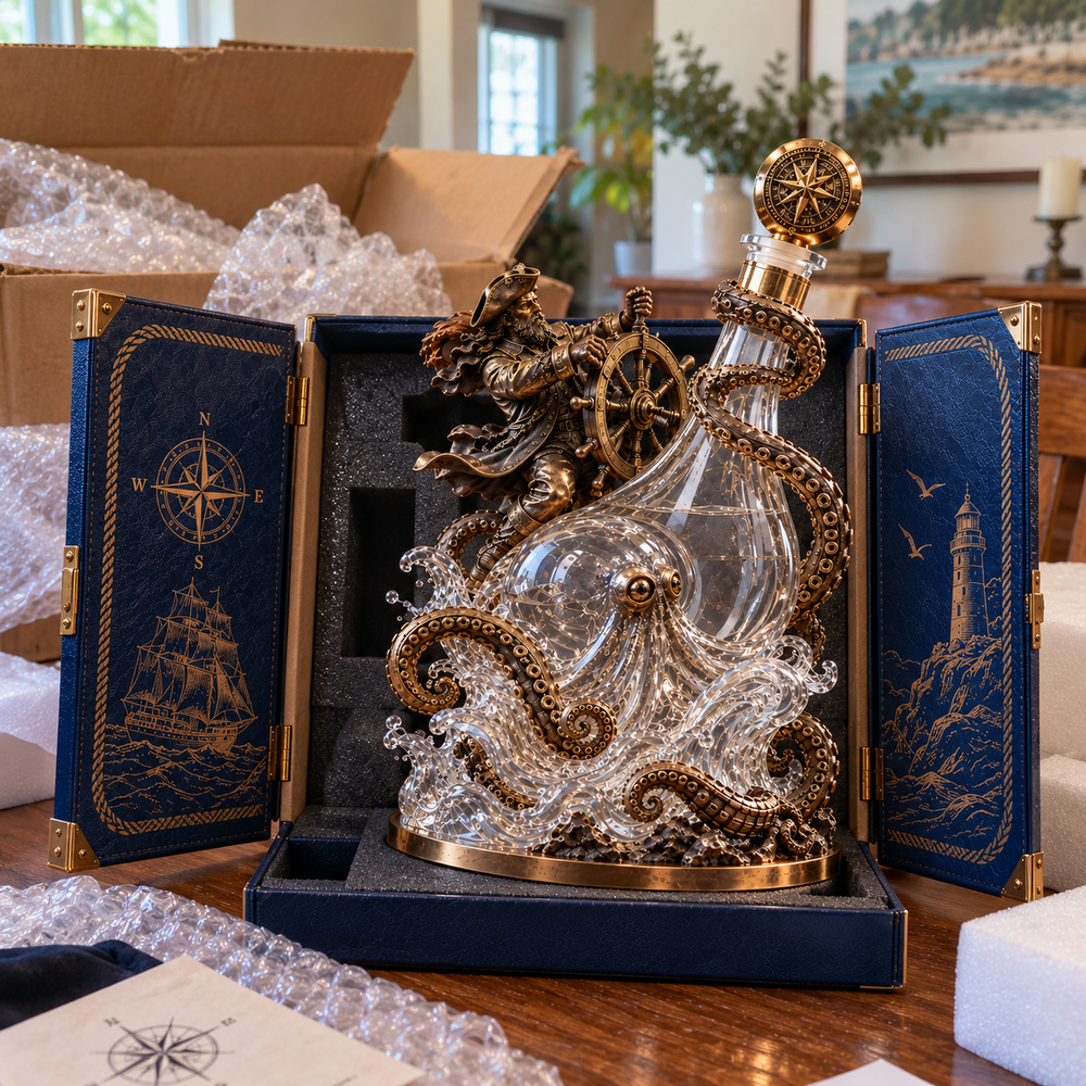 Unfilled octopus whiskey decanter inside newly opened shipping packaging