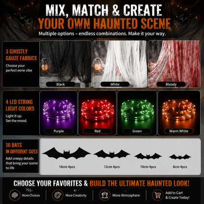 🕸️💡 Haunted Hallway Makeover Set – Gauze, Glow & Bat Decor for Spooky Halloween Scenes