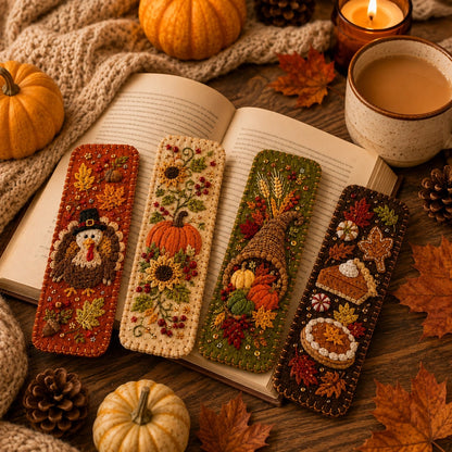 🍁 4-Piece Thanksgiving Embroidered Felt Bookmark Set