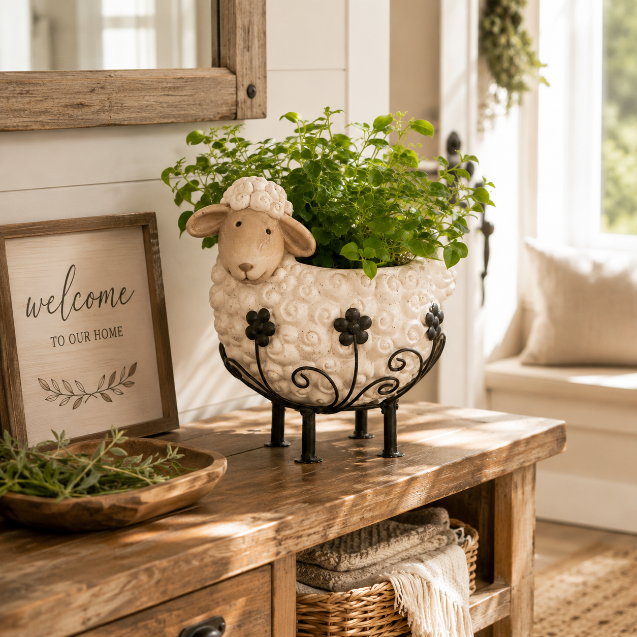 🐑✨Cute Farmhouse Sheep Planter with Iron Stand