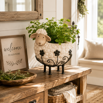🐑✨Cute Farmhouse Sheep Planter with Iron Stand