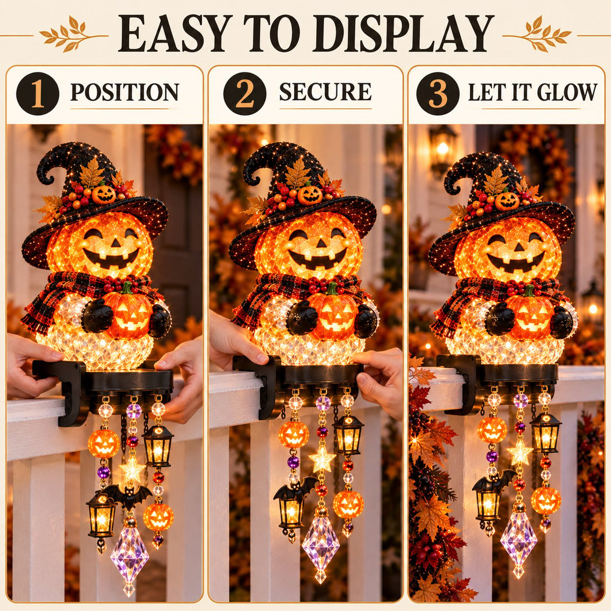 🎃 Halloween-Kaskadenlichter für Veranda & Geländer – Kürbis, Hexe, Geist & schwarze Katze