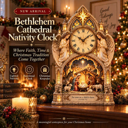 Cathedral-style Bethlehem Nativity clock – the Christmas story bathed in warm light.