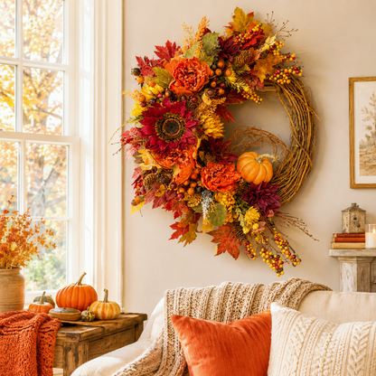 🍂 Fall Harvest Pumpkin & Sunflower Wreath