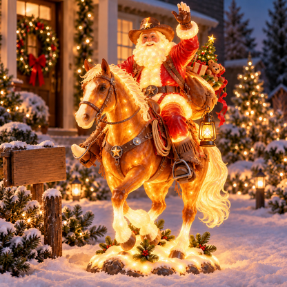 Free shipping today！🔥Last Day 49% OFF-🎅🤠 Western Cowboy Santa on Horse Lighted Christmas Statue | Rustic Ranch Holiday Outdoor Décor