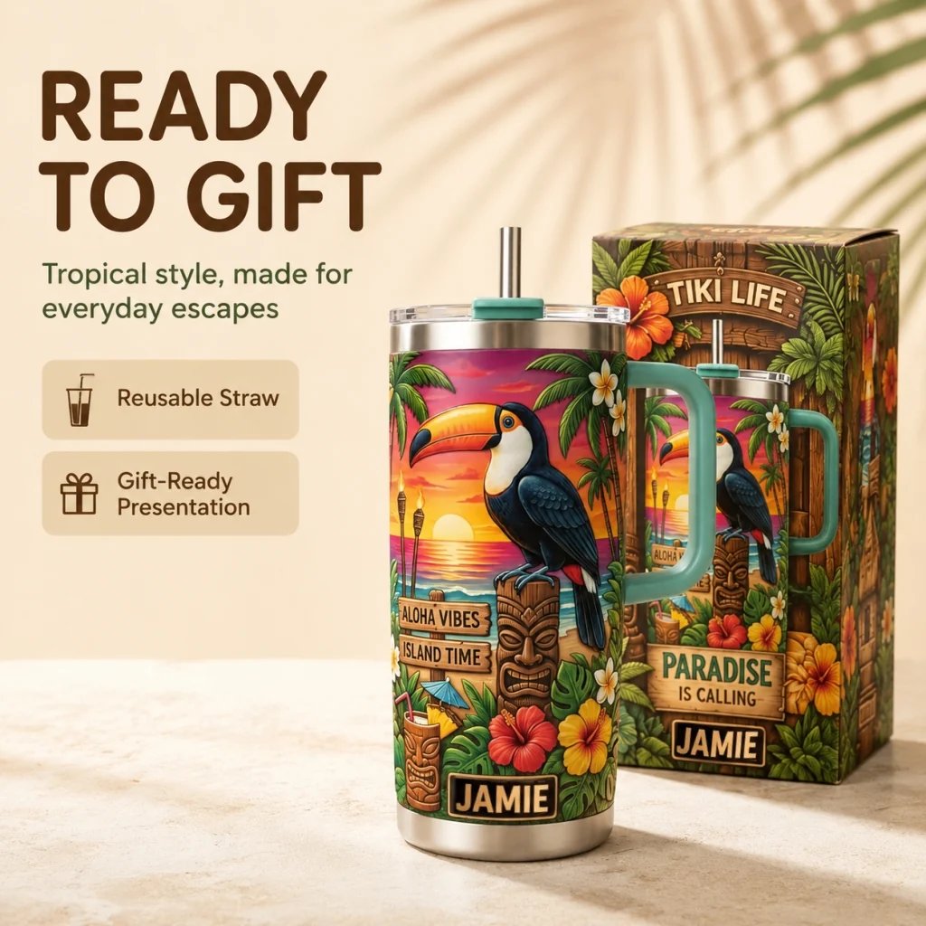 🌺🦜 Personalized Tiki Life Toucan Tumbler