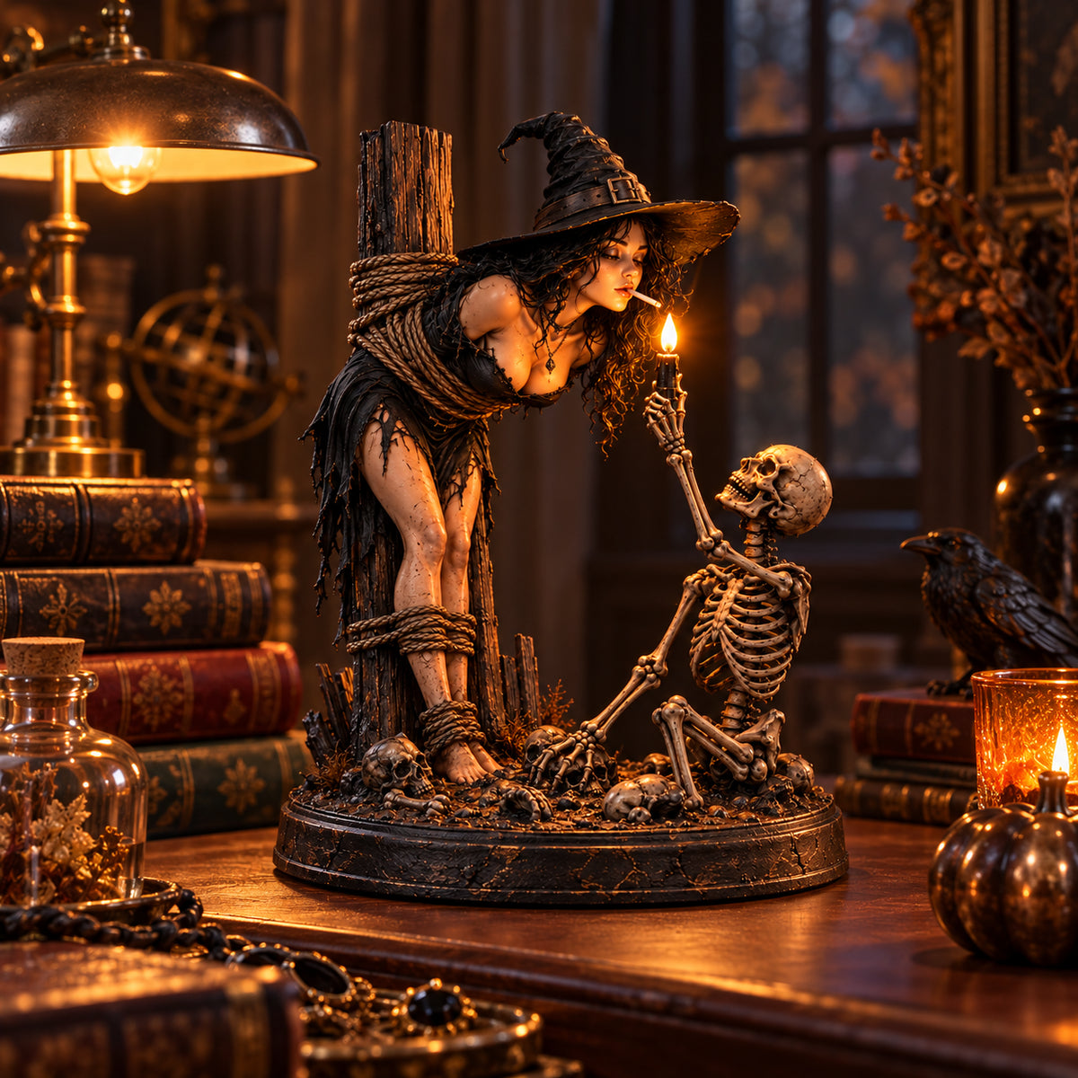 Witch & Skeleton Candle Scene Figurine – Dark Gothic Halloween Tabletop Decor