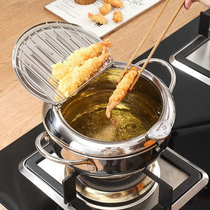 🍤🌡️ Japanese-Style Frying Pot – 304 Stainless Steel with Thermometer & Draining Basket