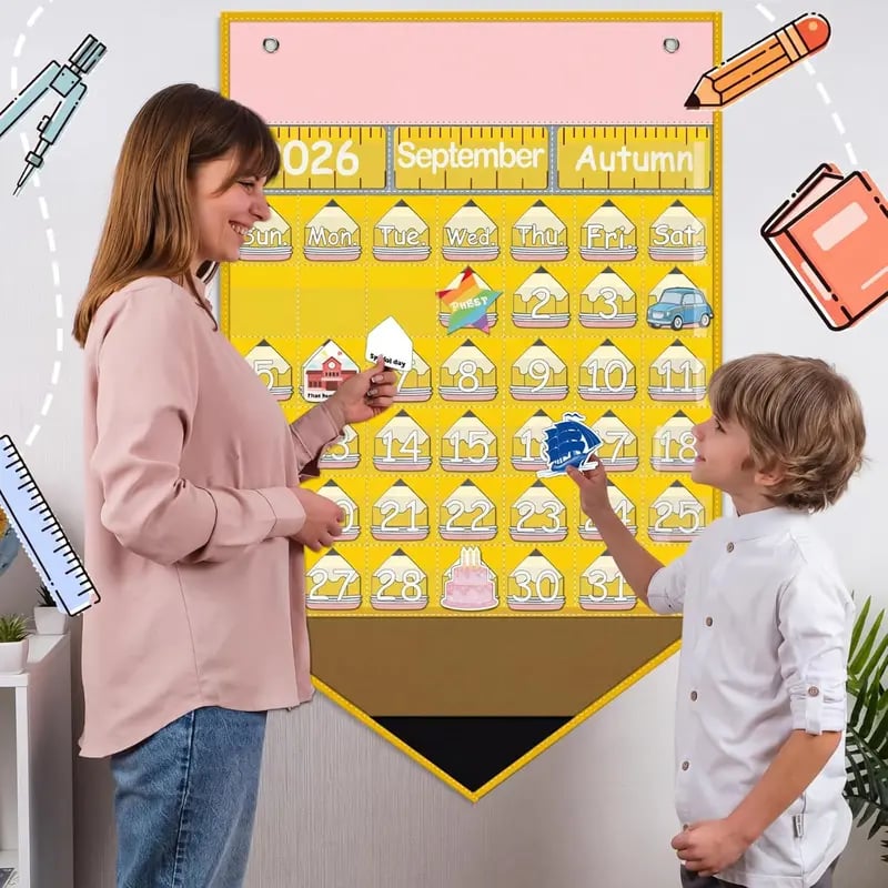 🍎📅 Back to School 2026-2028 Classroom Pencil Calendar Pocket Chart | Fun Learning Tool for Teachers