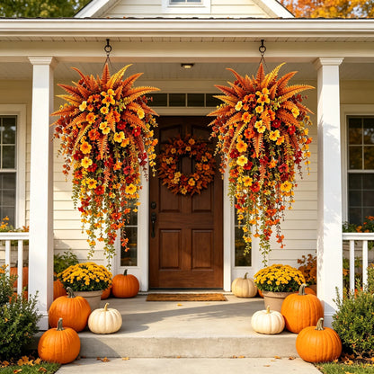 🍂🍁 ARTIFICIAL FALL HARVEST HANGING BASKET - AUTUMN PORCH & DOOR DECORATION