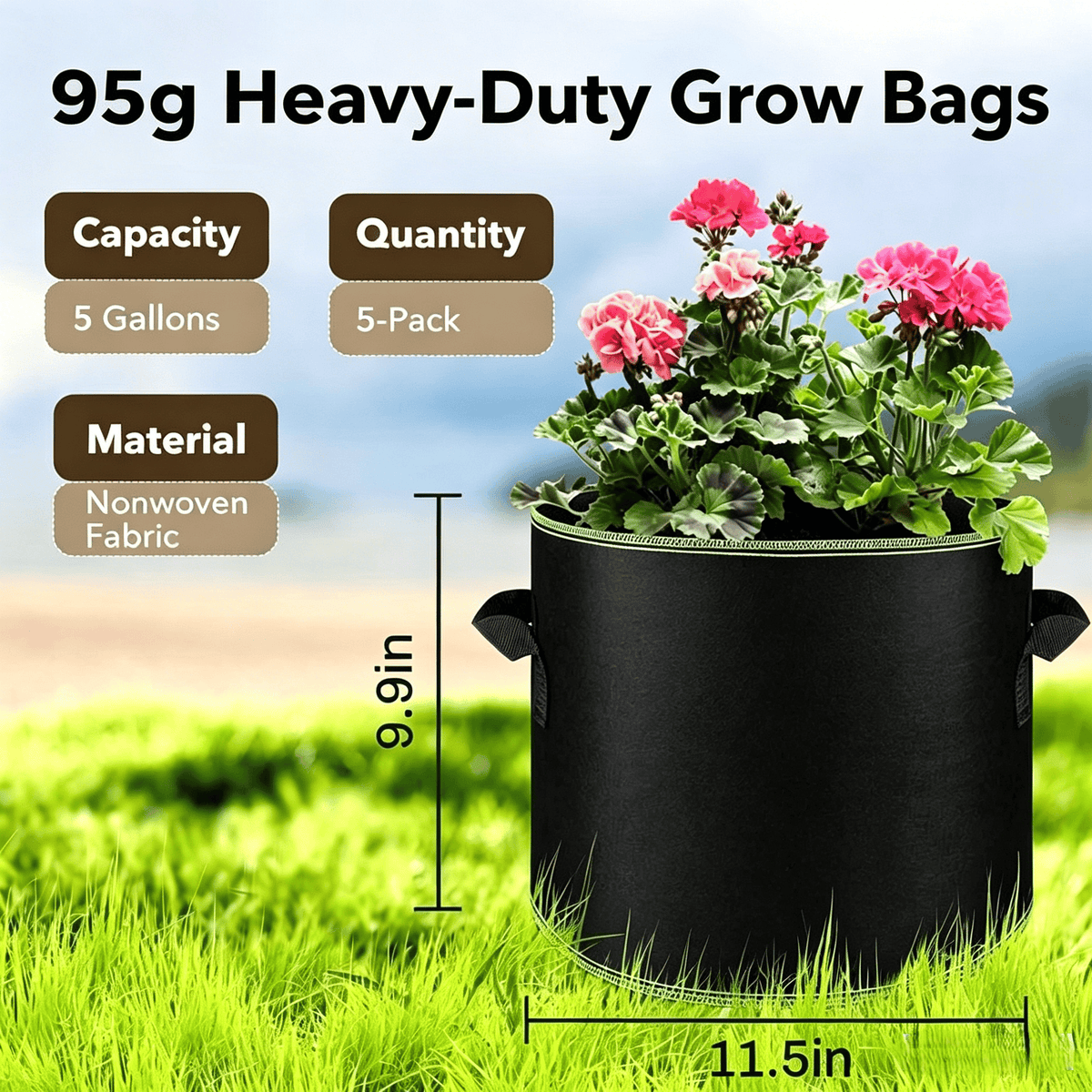 Five-gallon grow bag dimensions and 95g nonwoven fabric specification