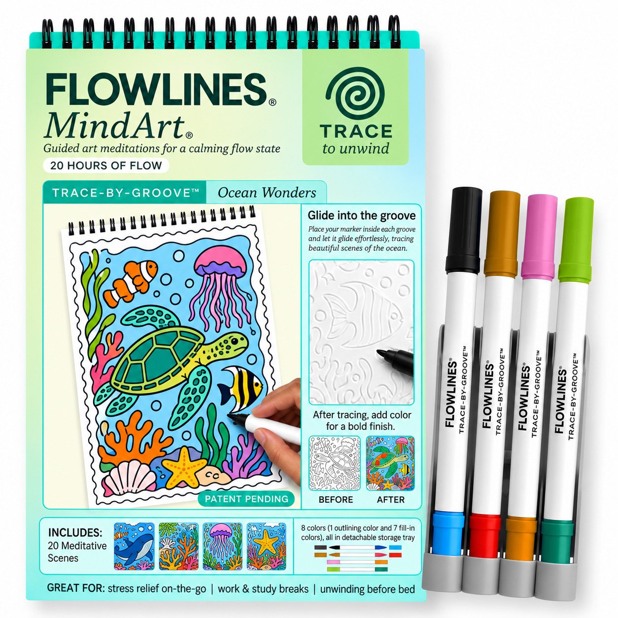 🌿 Trace-By-Groove Guided Flow Art Coloring Pad with Double-Sided Markers 🎨