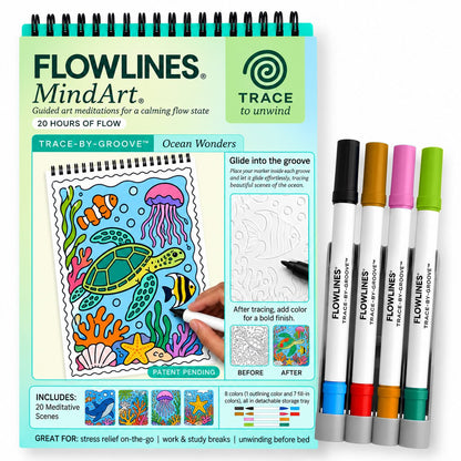 🌿 Trace-By-Groove Guided Flow Art Coloring Pad with Double-Sided Markers 🎨