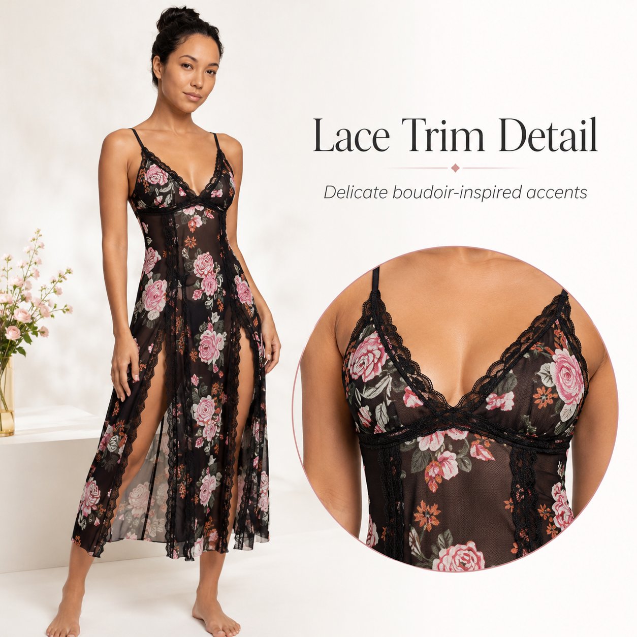 Sheer Floral Rose Print Maxi Dress