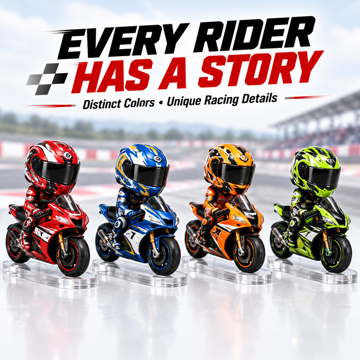 Four colorful motorcycle racing rider collectibles in a lineup