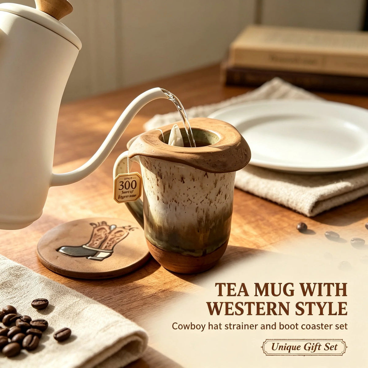 📍🤠 Cowboy Hat Ceramic Tea Mug Set | Western Handmade Cup with Hat Tea Strainer & Cowboy Boot Coaster, Rustic Farmhouse Gift